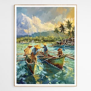 May include: A painting of four people in boats on a tropical lagoon. The boats are wooden and have outriggers. The people are wearing traditional clothing and hats. The water is a vibrant blue and green, and the sky is a soft blue with white clouds. Palm trees line the shore in the background.
