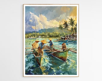 Affascinante stampa artistica di un villaggio di pescatori filippino / Decorazione di un'isola esotica, autentico scenario costiero, regalo unico per la casa