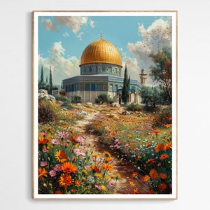 Unique Floral Al-Aqsa Mosque Art Print | Palestine, Vibrant Historic Mosque Illustration, Living Room Artwork, Meaningful Gift for Muslims