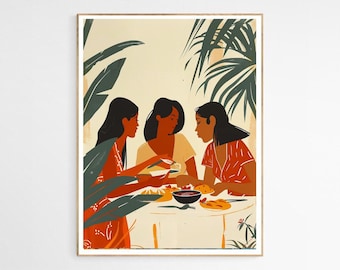 May include: Three women sit at a table outdoors, enjoying a meal together. The table is covered in a white tablecloth and decorated with green plants. The women are wearing colorful clothing and have dark hair. The scene is bright and cheerful, with a warm, inviting atmosphere.