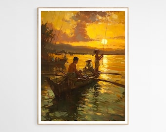 Può includere: Un dipinto che ritrae tre persone che pescano su una barca al tramonto. Il cielo è di un arancione e giallo vibrante, e l'acqua è di un blu calmo. Le persone sono in silhouette contro il tramonto, e la loro barca è di un marrone scuro.