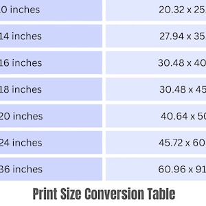 May include: A chart showing print size conversions in inches and centimeters. The chart includes sizes from 8 x 10 inches to 24 x 36 inches.