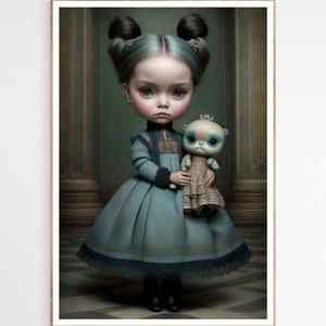 Stampa artistica di ragazza inquietante con animale di peluche / Movimento artistico lowbrow, arredamento per la casa, opera d'arte ispiratrice per la cameretta dei bambini