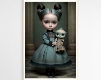 Stampa artistica di ragazza inquietante con animale di peluche / Movimento artistico lowbrow, arredamento per la casa, opera d'arte ispiratrice per la cameretta dei bambini