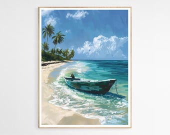 May include: A painting of a tropical beach scene with palm trees, turquoise water, and a small wooden boat on the shore.