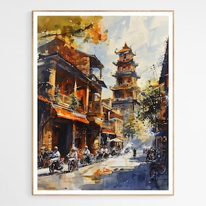 Traditionelle Hanoi Street Art Print | Vietnam Kultur Landschaftskunst, authentischer Kunstdruck, Wohnraumdekoration, originelles Kunstgeschenk