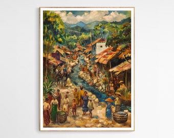 May include: A colorful painting depicting a village scene with houses, a stream, and people in traditional clothing. The painting is done in a realistic style with vibrant colors and details.