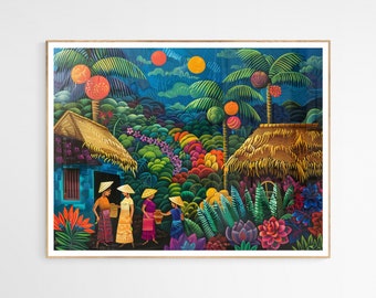 May include: A colorful painting depicting a tropical scene with two thatched-roof huts, lush greenery, and four figures in traditional clothing. The sky is a vibrant blue with orange and yellow orbs.