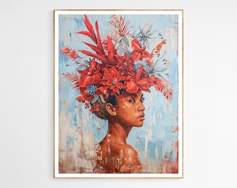 May include: A painting of a woman with a crown of red flowers on her head. The background is a light blue with a textured, faded look.