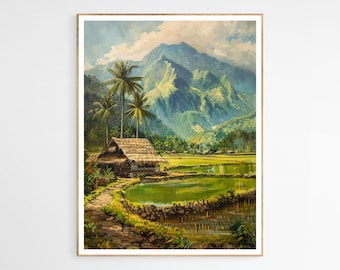 May include: A painting of a lush green landscape with a small hut in the foreground. The hut has a thatched roof and is surrounded by palm trees. In the background, there are mountains and a blue sky with white clouds.