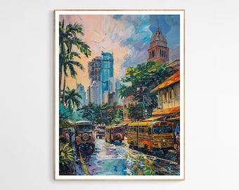 May include: Oil painting of a city street scene with yellow buses, palm trees, and tall buildings. The artwork features a vibrant color palette with visible brushstrokes, capturing a bustling urban environment. The painting is framed in a wooden frame.