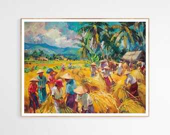 May include: A painting depicting a group of people harvesting rice in a field. The scene is set in a rural area with palm trees and a small hut in the background. The people are wearing traditional clothing and hats, and they are working together to gather the rice.