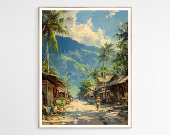 May include: A painting of a tropical village scene with palm trees, lush green mountains, and wooden houses. The sky is blue with white clouds. A person walks down a dirt road in the center of the scene.