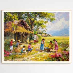 Tranquil Beauty of the Philippines Art Print | Children Playing in Flower Field, Perfect Gift for Culture Enthusiasts, Filipino Life