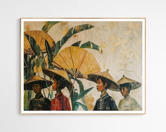 Può includere: Un dipinto che raffigura quattro persone che indossano tradizionali cappelli conici, in piedi davanti a uno sfondo verdeggiante con accenti dorati. Le persone indossano abiti colorati e i cappelli sono fatti di paglia intrecciata.