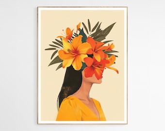 May include: A woman with long dark hair is wearing a yellow dress. Her face is obscured by a large bouquet of orange and red flowers.