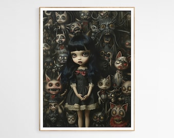 Stampa artistica di Courtney la bambola e le sue creature / Decorazione artistica gotica con bambola stravagante, regalo raro per lei, arredamento alla moda per la casa
