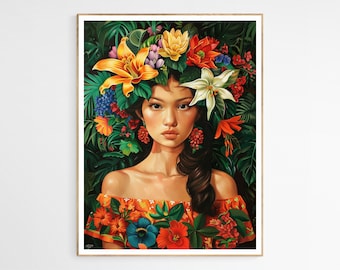 May include: A woman with dark hair and brown eyes is wearing a crown of colorful flowers. She is wearing a red and orange dress with floral patterns. The background is a lush green jungle.