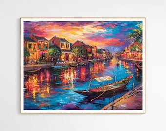 Stampa artistica con scena di strada illuminata da lanterne di Hoi An / Decorazione etnica per la casa in Vietnam, regalo per un viaggio in Vietnam