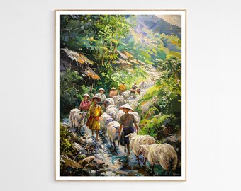 Filipino Sheep Herding Art Print |  Filipino Villagers in Daily Activities, Special Gift for Filipino Heritage