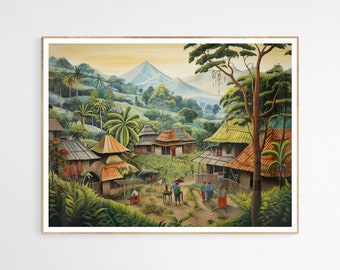 May include: A painting depicting a lush green landscape with a village nestled in the hills. The village is made up of several small houses with thatched roofs and wooden walls. In the background, a large mountain rises up in the distance. The sky is a soft blue with a few white clouds. The painting is done in a realistic style with vibrant colors.