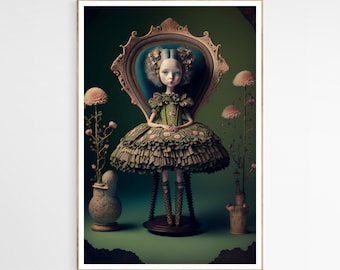 Stampa artistica "Principessa Gotica dei Fiori Rosa" / Decorazione artistica surrealista, opera d'arte stravagante, regalo di compleanno per ragazze