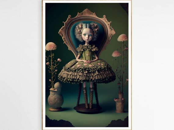 Goth Princess of Pink Flowers Art Print | Surrealism Art Decor, Whimsical Artwork, Birthday Gift for Girls