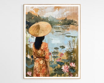 Feminine Floral Vietnamese Lady Art Print | Ethnic Vietnamese Wall Art Decor, Elegant Bedroom Decor, Travel to Vietnam, Gift for Her