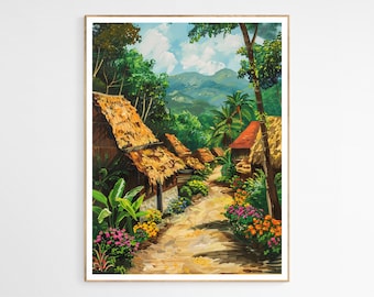 May include: A framed painting depicts a village scene with thatched-roof huts nestled among lush greenery. A dirt path winds through the village, lined with vibrant flowers. Mountains and a blue sky with clouds are visible in the background.