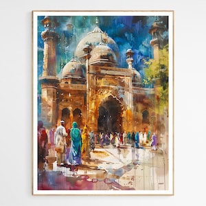 Rare Walk to the Mosque Art Print | Unique Old Architecture Wall Art, Intricate Mosque, Arabic Painting, Islamic Eid Gift