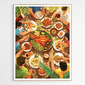 Gather Around Filipino Boodle Fight Feast Art Print | Pinoy Art Decor, Filipino Cuisine, Perfect Gift for Art Lovers, Philippines Travel