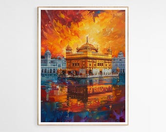 Könnte beinhalten: Ein Gemälde eines goldenen Tempels mit einer Reflexion im Wasser. Der Tempel ist von anderen Gebäuden umgeben und der Himmel ist in leuchtenden Orange- und Rottönen gehalten.