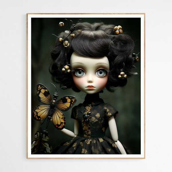 Goth Monarch Butterfly Doll Art Print | Doll-Inspired Art Print, Vintage Style Whimsical Decor