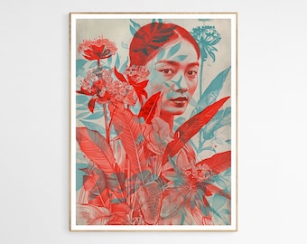 Puede incluir: Una ilustración digital de la cara de una mujer con patrones florales rojos y azules. La cara de la mujer está parcialmente oscurecida por los patrones florales, que están en un esquema de color rojo y azul vibrante.