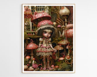 Maggie The Strawberry Mushroom Doll Art Print | Eerie Antique Doll Art, Perfect Spooky Office Decor, Gothic Art Gift