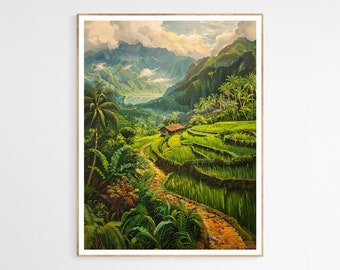 Puede incluir: Una pintura de un valle verde exuberante con arrozales, una pequeña cabaña y palmeras. Las montañas en el fondo están cubiertas de nubes.
