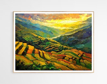 Stampa artistica "Alba sulle terrazze di riso di Banaue", decorazione murale con paesaggio vibrante, regalo ideale per gli amanti dei viaggi