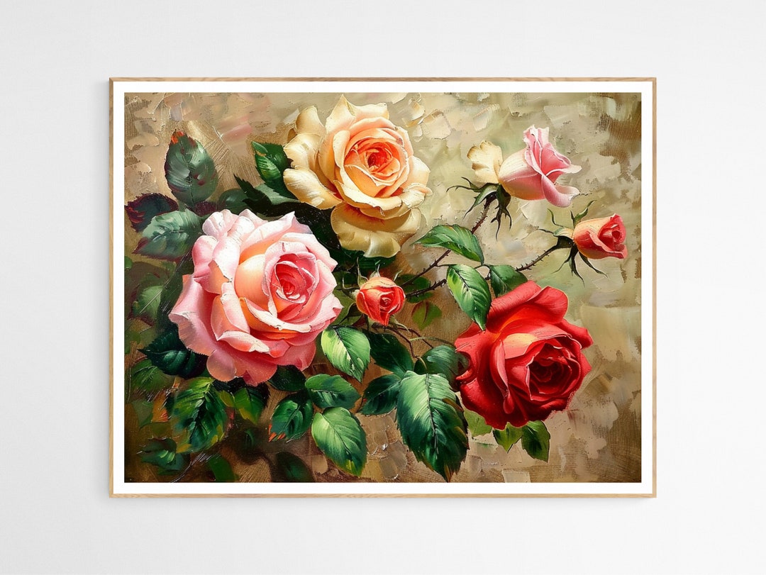 Vibrant and Bold Vintage Roses Art Print | Vintage Flowers Wall Art, Retro  Floral Print, Living Room Decor, Gift for Her - Etsy, image size:1080x811