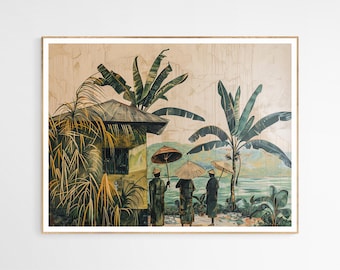 May include: A vintage-style painting depicting three figures in traditional clothing walking along a path in a tropical setting. The figures are carrying umbrellas and are walking towards a body of water. The painting is set against a backdrop of lush greenery and a weathered wall.