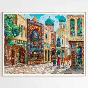 Mozaïekstraten van Perzische kunstprint | Boeiende Perzische kunst, oud Perzië schilderachtig muurdecor, cadeau voor kunstverzamelaars
