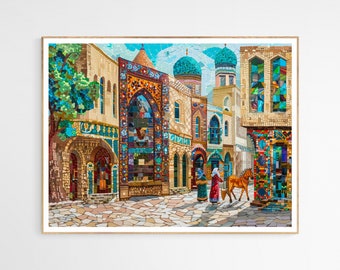 Stampa artistica "Strade in mosaico di arte persiana" / Affascinante arte persiana, decorazione murale panoramica dell'antica Persia, regalo per collezionisti d'arte