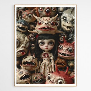 Rebecca and her Critters Doll Art Print | Vintage Horror Wall Decor, Spooky Halloween Home Decor, Unique Gothic Gift, Surrealism Enthusiasts