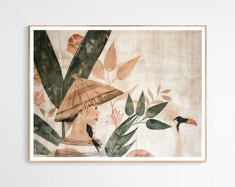 May include: A watercolour illustration of a woman wearing a conical straw hat and a striped shirt, standing in a jungle setting with lush green foliage and a white bird with a black beak.