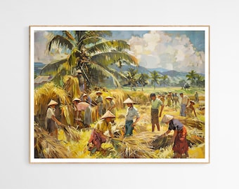 May include: A painting depicting a group of people harvesting rice in a field. The scene is set in a tropical location with palm trees and a blue sky with white clouds. The people are wearing traditional clothing and hats. The rice stalks are a golden yellow color.