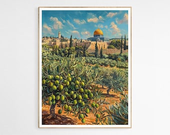 May include: A framed art print depicts a vibrant landscape of Jerusalem. Olive trees with green olives fill the foreground, while the city's architecture, including a golden dome, is in the background under a blue sky with clouds.