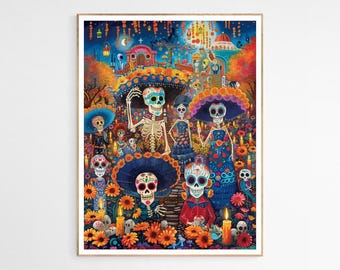 Dia de los Muertos アートプリント、鮮やかなスカルホーム