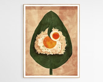May include: A green leaf with a white and yellow egg and rice inside. The leaf is on a brown background.