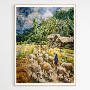 Philippines Landscape and Sheep Art Print |  Traditional Attire and Rural Setting, Cultural Wall Art, Gift for Anthropology Lovers