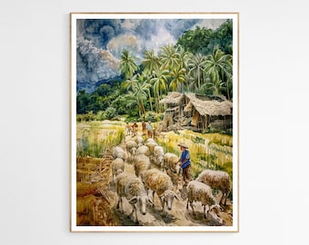 Philippines Landscape and Sheep Art Print |  Traditional Attire and Rural Setting, Cultural Wall Art, Gift for Anthropology Lovers