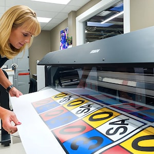May include: A woman is operating a large format printer. The printer is printing a sheet of paper with colorful signs that have numbers and the word "SAS" on them.